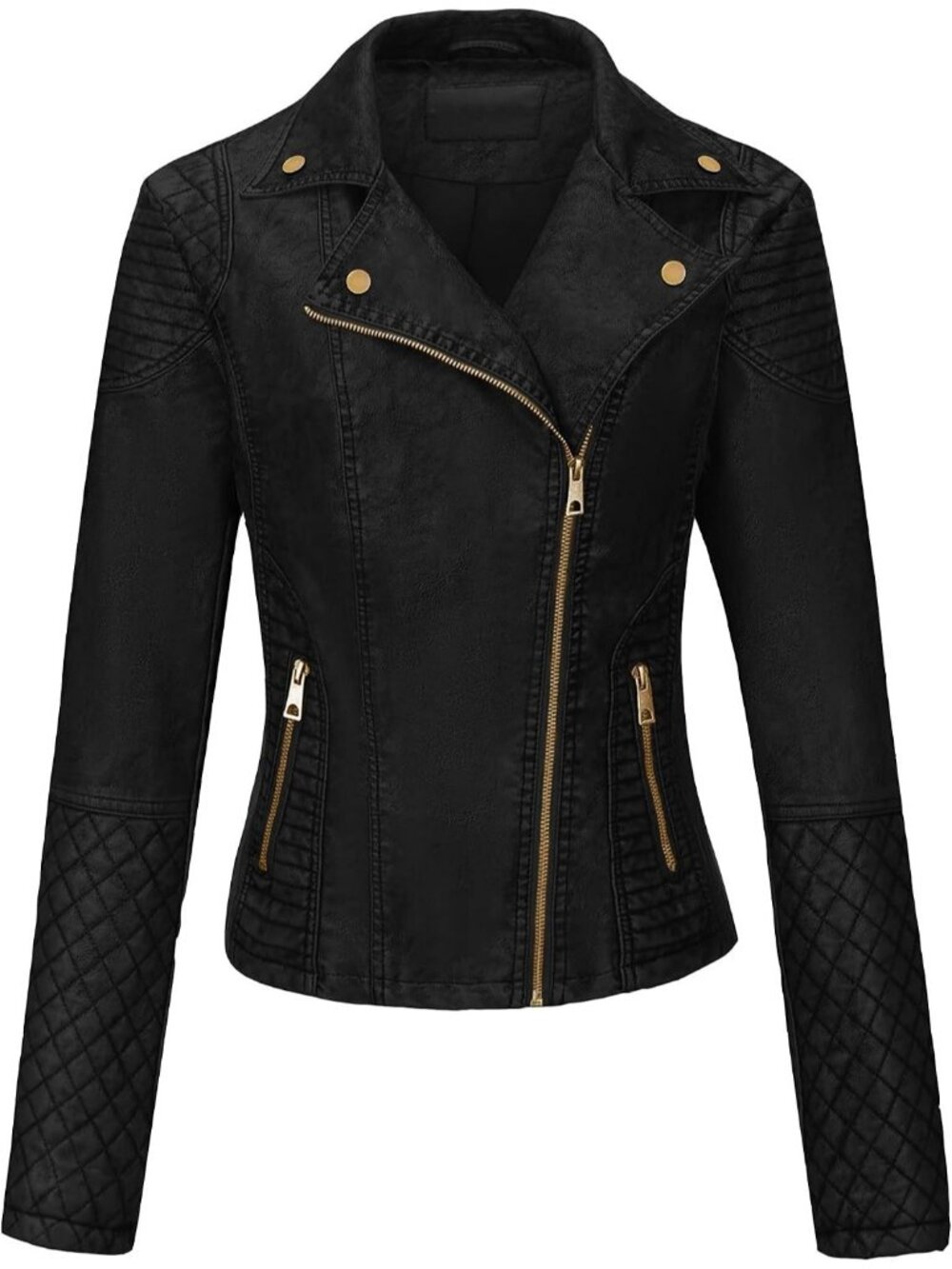 Women's Black Retro Faux Leather Casual Moto Lightweight Trendy Zip Up Jackets